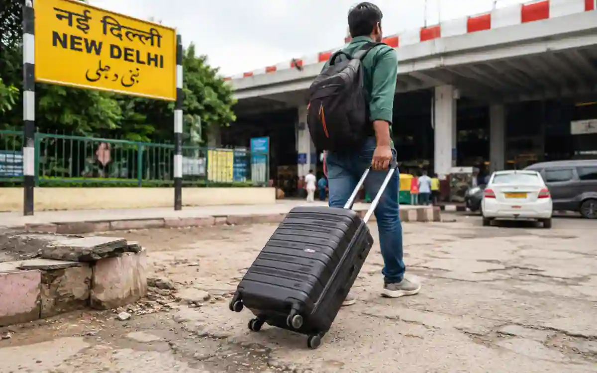 Traveller pulling a 4-wheel trolley on an uneven surface in India