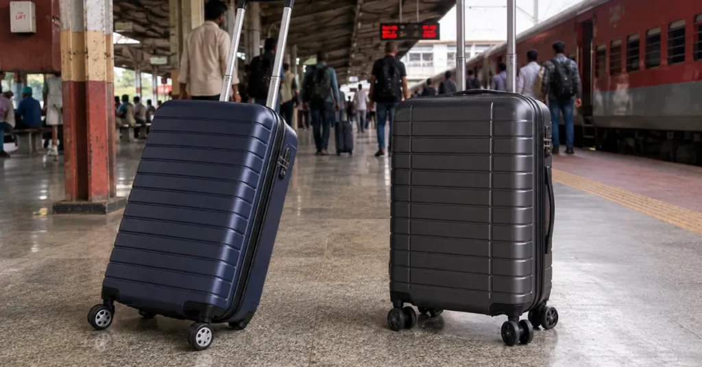 4 Wheels vs 8 Wheels Trolley Bag: Which Is Better in India? (2026 Guide) 4-wheel and 8-wheel trolley bags compared at an Indian railway station