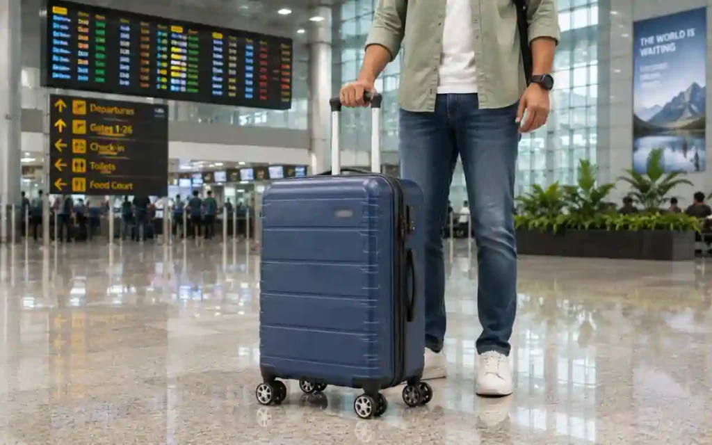 Traveller moving an 8-wheel trolley on a smooth floor at an Indian airport