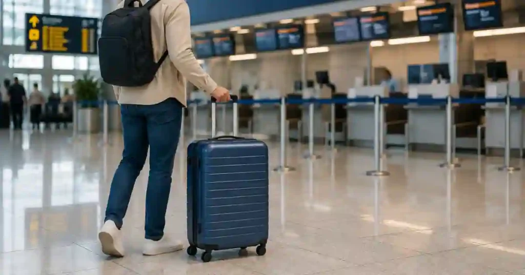 Traveller using a hard-shell suitcase at an airport