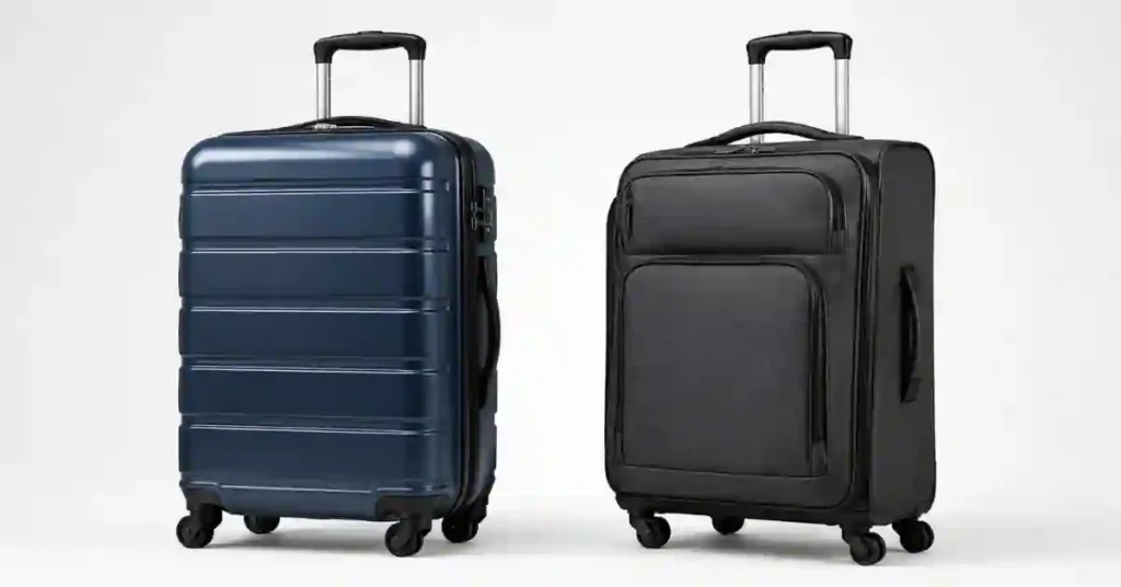 Hard-shell suitcase and soft-sided suitcase side-by-side
