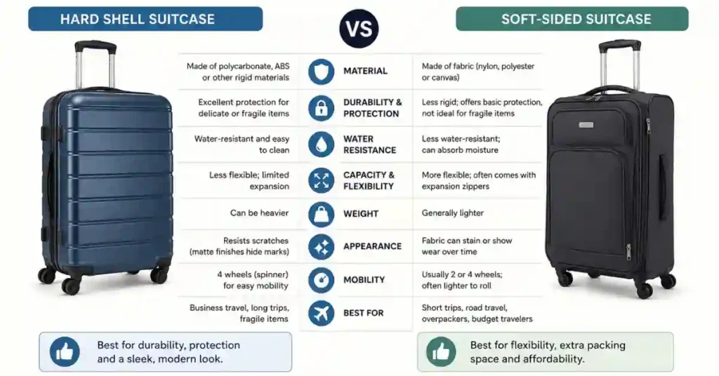Hard-shell suitcase compared with a soft-sided suitcase Hard Shell vs Soft-Sided Suitcase