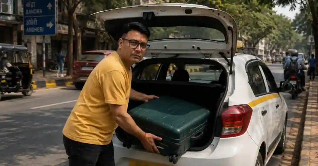 Trolley bag being loaded into a hatchback taxi boot on an Indian street