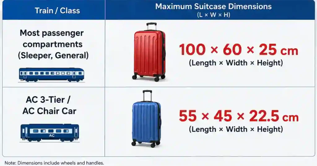 What are the dimensions of a medium suitcase for train travel in India?