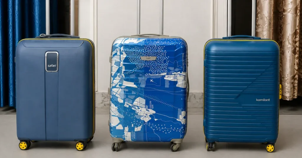 Three hard-shell suitcases made of ABS, polycarbonate, and polypropylene side by side for material comparison