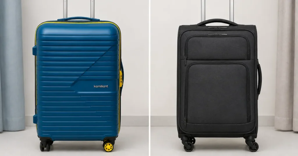 Hard-shell suitcase beside a soft-sided suitcase for comparison
