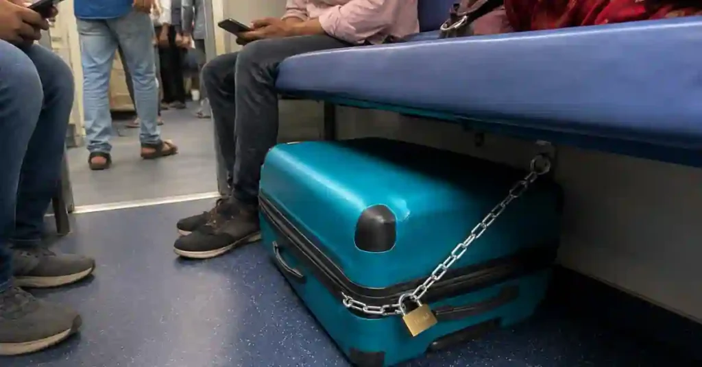 A trolley bag secured with a chain and padlock to a hook under a train berth