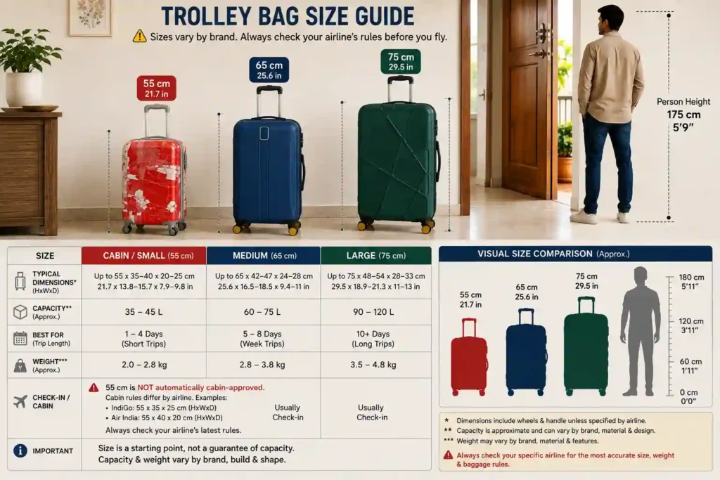 Infographic comparing 55cm, 65cm and 75cm trolley bag heights in centimetres and inches next to a human figure for scale