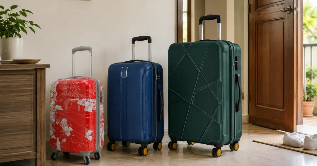 Trolley Bag Size Guide: 55cm vs 65cm vs 75cm — Which Size Do You Need? Three trolley bags of different sizes — 55cm cabin, 65cm medium, and 75cm large — shown side by side for size comparison