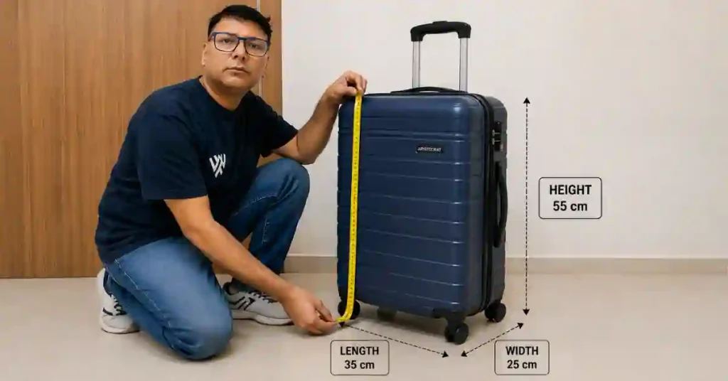 Measuring trolley bag height width and depth